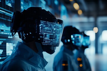 Poster - A group of individuals wearing futuristic, tech-infused helmets displaying complex digital interfaces stand in a high-tech setting exuding innovation and futurism.