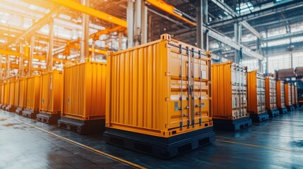 Poster - Colorful Shipping Containers Stacked Neatly in a Modern Warehouse with Bright Lighting Showcasing an Efficient Logistics and Transportation Environment