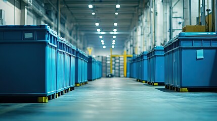 Poster - Spacious Warehouse Interior with Rows of Blue Storage Bins and Bright Lights, Showcasing an Organized Industrial Environment for Efficient Logistics Operations