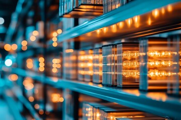 Poster - Rows of glowing data storage servers are seen in close-up, showcasing the technological infrastructure that powers modern information and digital systems.