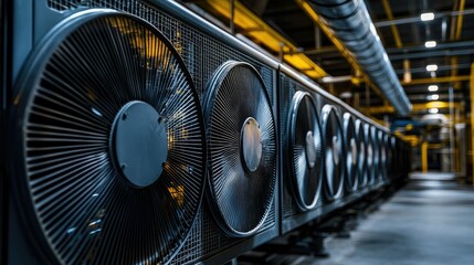 Poster - Modern Industrial Cooling System with Large Fans in a High-Tech Warehouse Environment Showcasing Advanced Airflow Management and Efficient Design for Optimal Performance