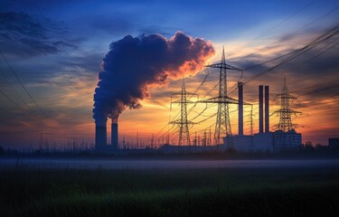 A power plant emitting smoke at sunset, symbolizing the use of coal for energy production