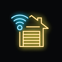 Poster - Neon glowing icon of a smart home garage door automation system controlled by wifi