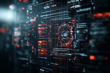 Poster - An abstract digital interface featuring a glowing red and blue circuit design, illustrating futuristic technology and advanced information systems in a virtual setting.