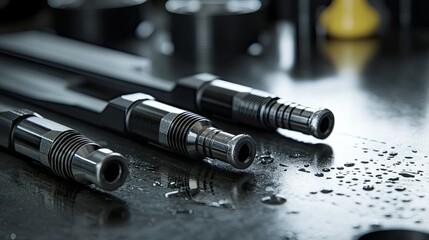 Poster - Close-Up View of High-Precision Industrial Tools with Metallic Shine and Water Droplets on Dark Surface in Workshop Setting