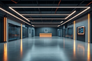 Poster - A spacious server room equipped with state-of-the-art servers and ambient lighting, exuding efficiency and high-tech sophistication in technological infrastructure.