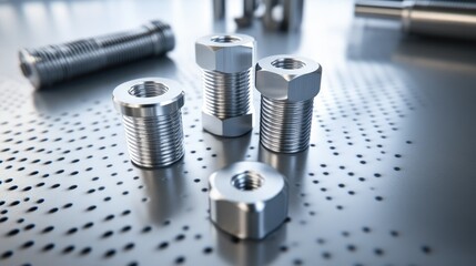 Poster - Close-Up of Metallic Fasteners and Hardware Components on Polished Surface, Showcasing Industrial Design and Engineering Precision in Professional Workshop Setting