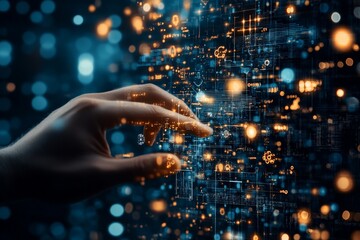 Poster - A human hand reaching towards a digital interface filled with glowing data points and abstract connections, embodying innovation and technological interaction.