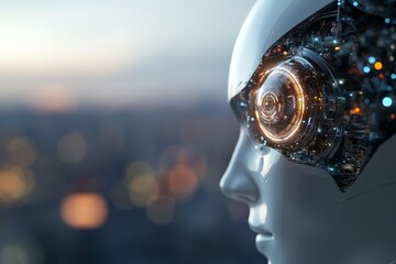 Poster - A futuristic humanoid robot with an advanced digital eye interface, blending human elements with high-tech robotics, representing AI advancements.