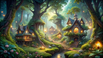 Poster - Enchanted Forest Fairies in a Whimsical Architectural Setting Surrounded by Lush Nature and Magical Light, Perfect for Fantasy and Nature Enthusiasts