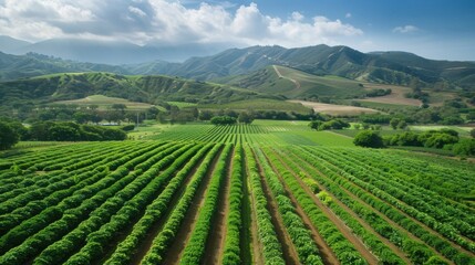 Poster - Aerial view of lush green farmland scenic landscape symmetrical crop rows vibrant colors geometric patterns