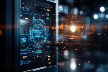 Poster - A high-tech digital display with a glowing blue interface, showcasing futuristic elements in a dimly lit environment, symbolizing technology advancement.