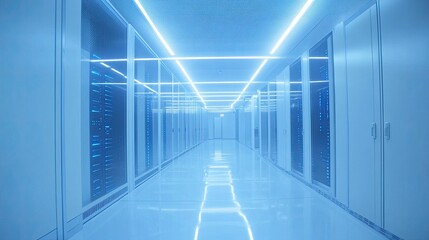 Poster - High-Tech Data Center with Futuristic LED Lighting and Clean White Aisles for Server Management and Maintenance