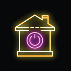 Poster - Neon icon of a house with a power button, illustrating the concept of smart home energy saving