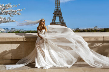 Elegant luxury evening fashion in Paris. Glamour, stylish elegant woman in long evening dress posing in Paris. Model in amazing long dress. Outdoor session. Vogue. Couture.