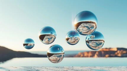 Poster - Floating metallic spheres arrange abstractly minimalist symmetry neutral environment artistic viewpoint modern concept