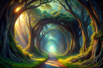 Poster - Enchanted Surreal Trees Tunnel with Twisting Forest Path Illustration Capturing the Mystique of Nature’s Labyrinthine Beauty in a Dreamlike Atmosphere