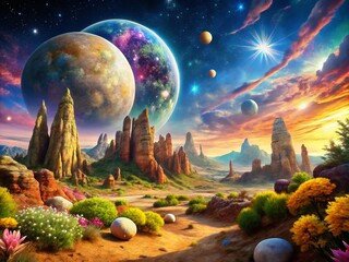 Poster - Enchanting Alien Landscapes: A Journey Through Colorful Fi Planet Terrain and Celestial Skies, Featuring Unique Flora and Surreal Rock Formations in a Vibrant Cosmic Environment