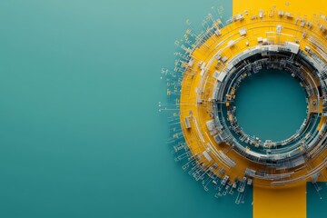 Poster - A striking abstract circular design with intricate geometric elements in yellow on a teal background, conveying modern technology and innovation.