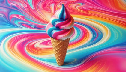 Wall Mural - A stylized soft-serve ice cream cone with vibrant pink and blue swirls is set against a colorful, abstract, swirled background. Some images have scattered colorful candies. 