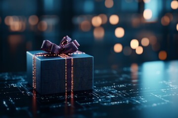 Poster - A gift box crafted to resemble a tech device features a digital ribbon, symbolizing innovation and surprise, set against a backdrop of circuit board patterns.
