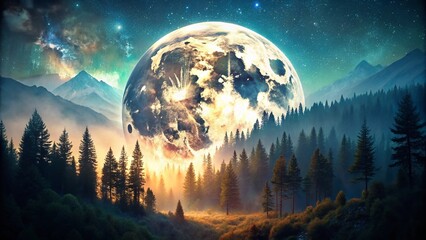 Poster - Enchanting Double Exposure Photography of a Moon Surrounded by Ethereal Landscapes, Capturing the Mystique of Nature and Celestial Wonders in a Dreamlike Composition