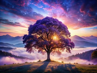 Poster - Enchanting Double Exposure Photography of a Majestic Tree with Vibrant Purple Leaves Blending with a Serene Landscape for a Dreamy and Mystical Atmosphere