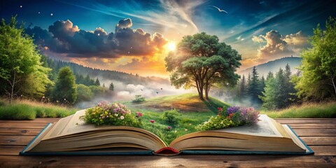 Poster - Enchanting Double Exposure Photography of an Open Book Merging with Nature Elements for Captivating Reading and Imagination Themes
