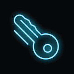 Poster - Bright blue neon key glowing on a black background