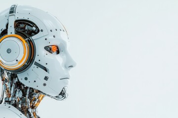Poster - A sleek, white robot wearing headphones, showcasing advanced AI technology and focus on auditory functions in a futuristic environment.
