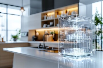 Poster - A modern kitchen scene featuring a digital hologram of an appliance, blending household technology with futuristic design concepts and innovation.