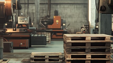 Poster - Industrial Warehouse Interior with Stacked Wooden Pallets and Machines, Demonstrating Heavy Machinery in a Modern Manufacturing Environment