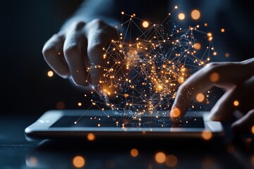 Poster - a pair of hands manipulates a glowing digital sphere representing a network, symbolizing connection 