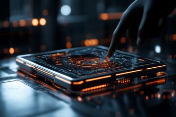 Poster - A hand interacts with a glowing digital interface, displaying complex circuitry and dynamic visuals, representing technology's tactile engagement and innovation.