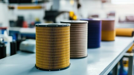 Poster - Industrial setting showcasing various air filter types arranged neatly on a workbench highlighting the textures and colors in a manufacturing environment