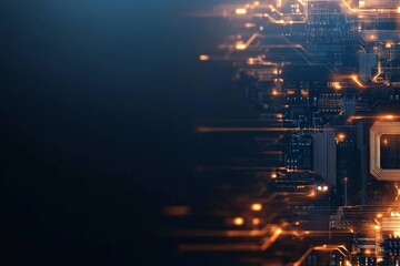 Poster - An intricate digital circuit board design glows with dynamic orange lights, representing the foundation of modern technology. Deep insight into tech structure.