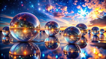 Poster - Enchanting Night Photography of Crystal Balls Surrounded by Mystical Light Trails and Stars, Capturing the Magic of the Night Sky in a Stunning Display of Reflections