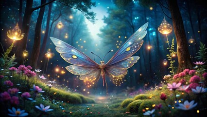 Poster - Enchanting Night Photography of Realistic Fairy Wings Glimmering Under a Starry Sky with Magical Light Effects and Natural Elements in a Mystical Forest Setting