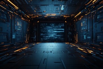 Poster - An immersive, high-tech room with dynamic digital display panels featuring glowing blue and orange hues, suggesting the cutting-edge world of computing technology.