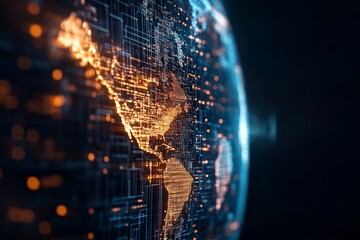 Poster - A digital representation of the Earth with a glowing circuitry pattern, symbolizing technology’s global impact and interconnectedness across continents and cultures.