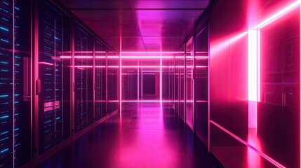 Poster - Futuristic Data Center Corridor with Neon Lights and High-Tech Server Racks Creating a Vibrant and Modern Digital Environment