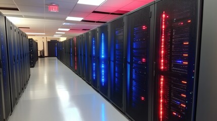 Poster - Modern Data Center with Illuminated Server Racks Highlighting Advanced Technology Infrastructure and Network Connectivity in a Controlled Environment