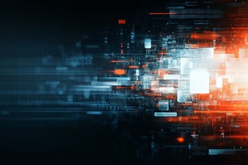 Poster - Abstract geometric patterns merge with vibrant light effects in a futuristic digital cityscape, showcasing a pulse of energy and technological advancement.