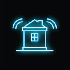 Poster - Glowing neon icon of a smart home sending signals with radio waves on a black background