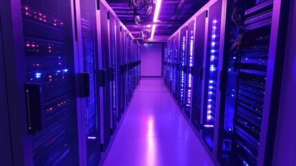 Poster - Futuristic Server Room with Rows of Rack Servers Illuminated by Blue and Purple LED Lights, Creating an High-Tech and Modern Data Center Environment