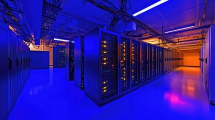 Poster - Futuristic Data Center Interior with Server Racks, Bright Blue and Orange Lighting, and High-Tech Cables in a Modern Digital Environment
