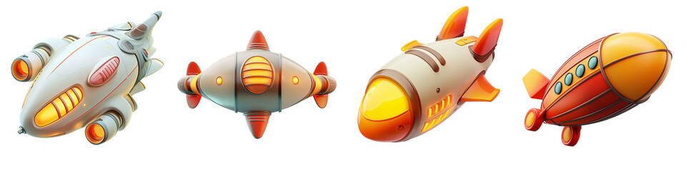 A futuristic airship flying object 3D illustration illuminated body and aerodynamic fins isolated on white and transparent background