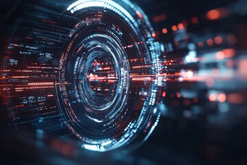 Poster - An abstract digital spiral with red and blue light accents represents dynamic movement and futuristic style, symbolizing infinite possibilities and technology fusion.