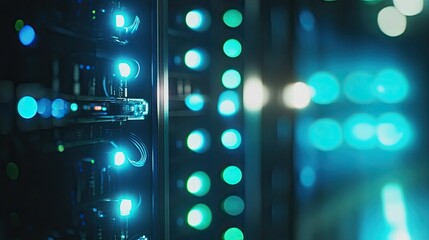 Poster - Glowing Data Center Server Rack with Illuminated Network Cables, Providing Insights into Modern Technology and Digital Infrastructure at Night