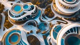 Aerial view of a futuristic city with innovative and imaginative architectural structures in an abstract geometric and contemporary style  The cityscape features a mix of modern